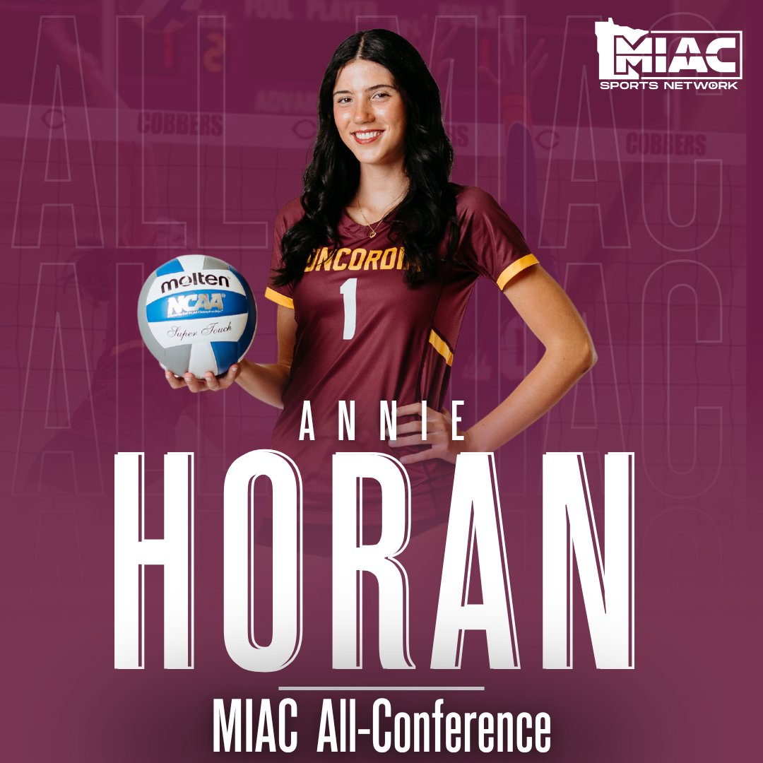 𝗠𝗜𝗔𝗖 𝗔𝗟𝗟-𝗖𝗢𝗡𝗙𝗘𝗥𝗘𝗡𝗖𝗘!
CORNGRATS to Cobber volleyball hitter Annie Horan who was named to the MIAC All-Conference Team. She becomes the first Cobber first-year player to earn All-MIAC honors since 2016.
  
𝗗𝗘𝗧𝗔𝗜𝗟𝗦: tinyurl.com/5d35sxs3