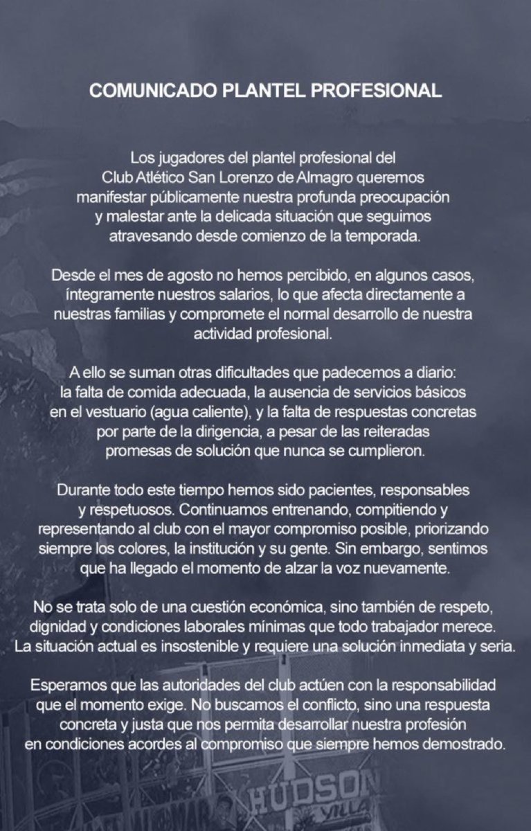 Los jugadores borraron el comunicado que habian subido a sus historias de instagram, despues de que salio Moretti a decir por whats app que habian pagado los sueldon atrasados.