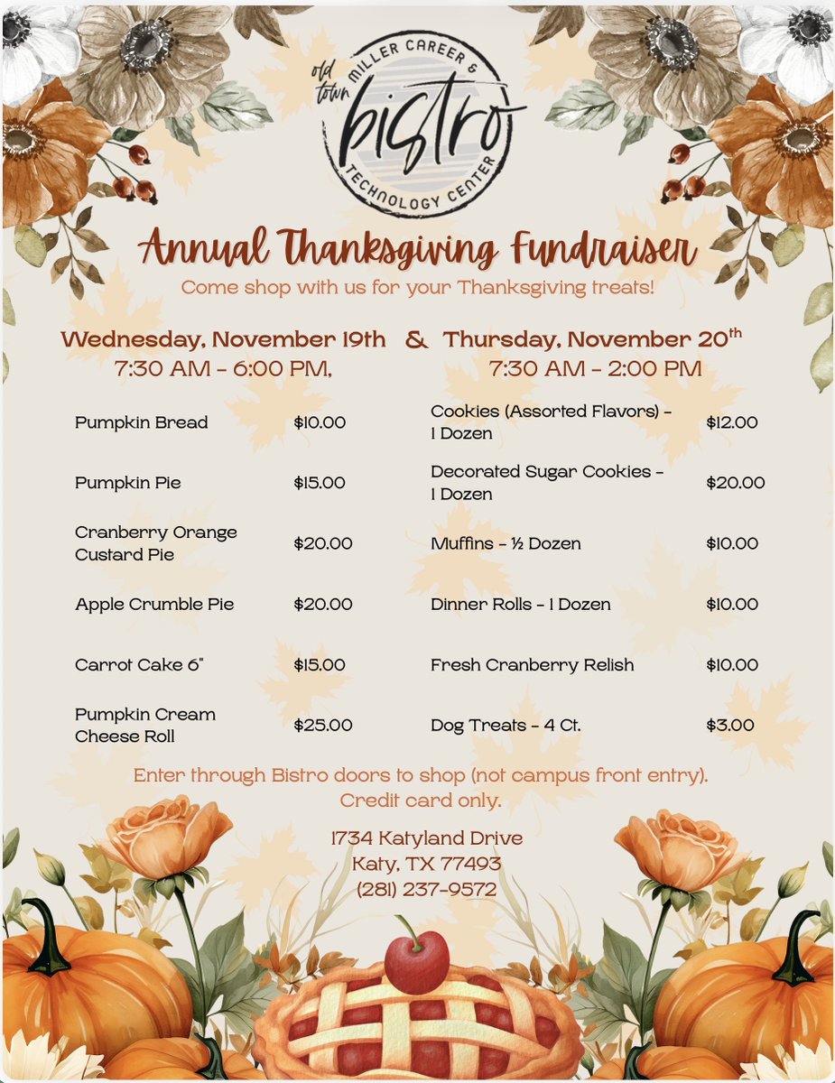 katyisd's tweet image. Thanksgiving is near, and MCTC Culinary students are baking pumpkin pies, carrot cakes, cranberry relish and dinner rolls, all from scratch. Shop Nov. 19 from 7:30 a.m. to 6 p.m. or Nov. 20 from 7:30 a.m. to 2 p.m. at Miller CTC Bistro. Card only. #KatyISD #MCTC