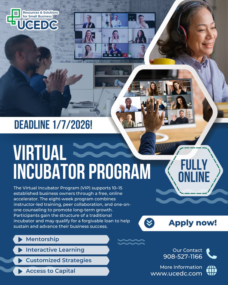 Applications are open for UCEDC’s 8-week Virtual Incubator Program. For entrepreneurs in business 2+ years. Workshops, one-on-one mentoring, and eligibility to apply for a forgivable loan.

Apply by Jan 7, 2026: linktr.ee/ucedcnj