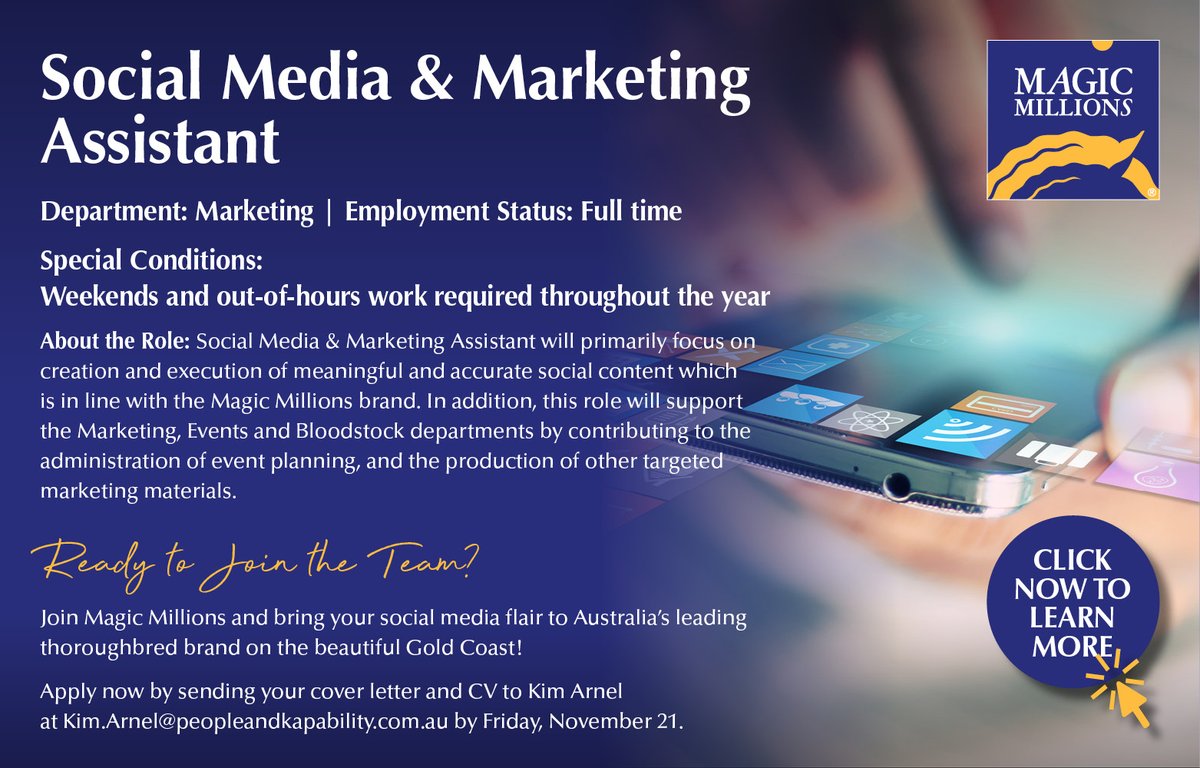 ‼️ Job Board ‼️

<a href="/mmsnippets/">Magic Millions</a> is hiring a Social Media &amp; Marketing Assistant on the Gold Coast 🌊 

Apply by Nov 21: Kim.Arnel@peopleandcapability.com.au

magicmillions.com.au/employment/