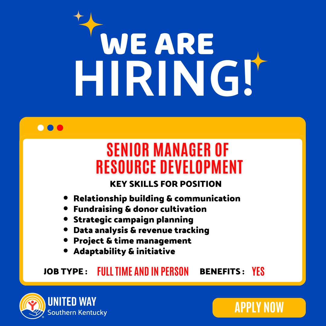 Join our team at United Way of Southern Kentucky! 🌟
We’re hiring a Senior Manager of Resource Development to help build a stronger, more caring community.
💼 Ready to make a difference? Apply now: indeed.com/viewjob?jk=8fc…