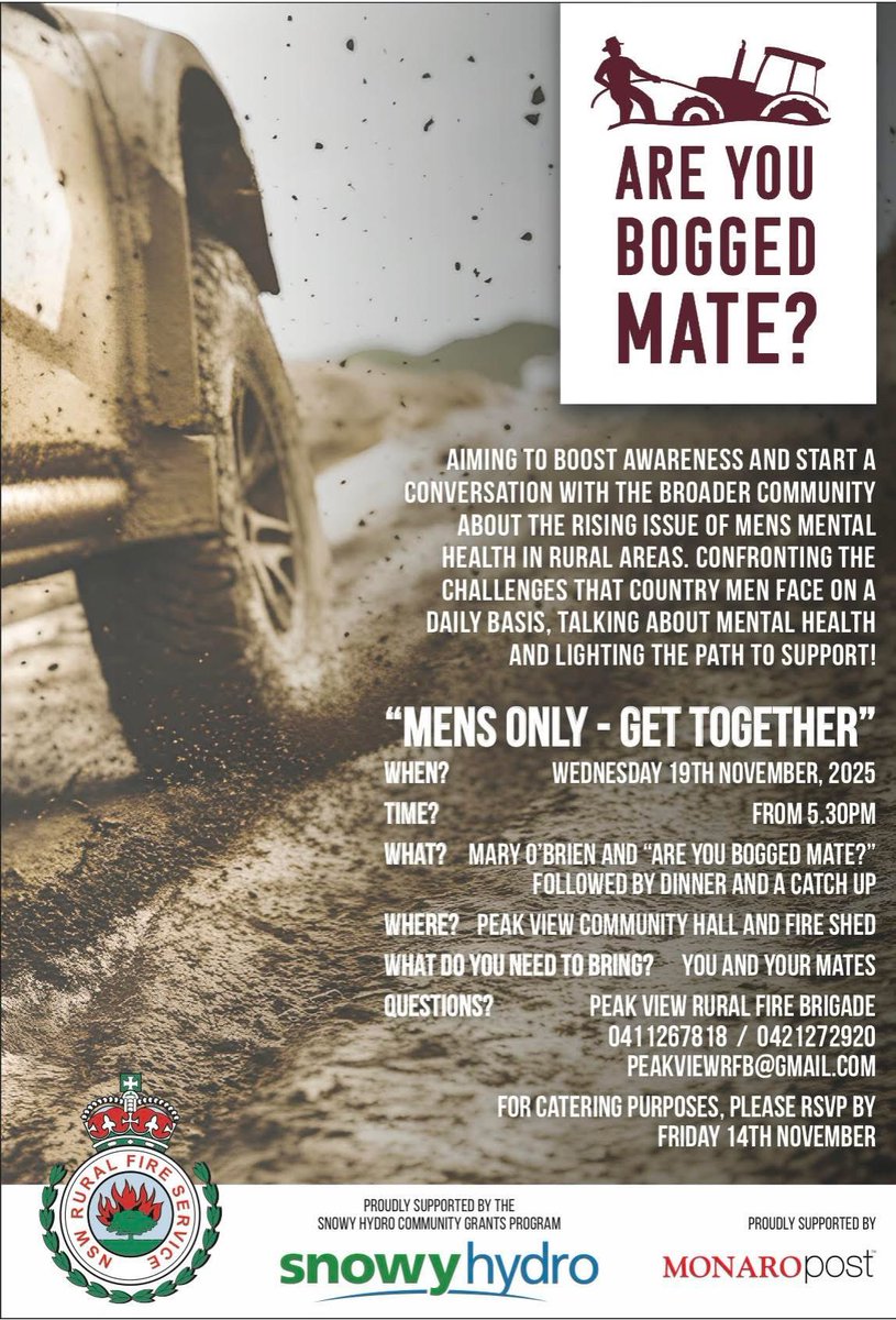 RUboggedmate's tweet image. International Men’s Day is next week - Wednesday 19th November. 
Mary is headed to Peak View, NSW for a special blokes only event. 
Grab some mates &amp;amp; come along! 

#areyouboggedmate 
#InternationalMensDay2025