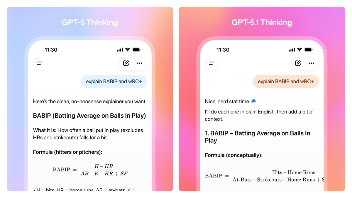 GPT-5.1 Thinking now more effectively adjusts its thinking time based on the question, spending more time on complex problems, less on simple ones.

Responses are clearer with less jargon.