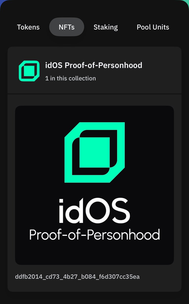 gidOS
Just minted my Proof of Personhood NFT on <a href="/idOS_network/">idOS</a>  × <a href="/radixdlt/">Radix - Radically Different DeFi</a>  🌱

All it took was installing the Radix wallet, proving I’m human with an AG share, and boom my PoP was live on-chain.
Feels good to have identity verification that’s actually decentralized.