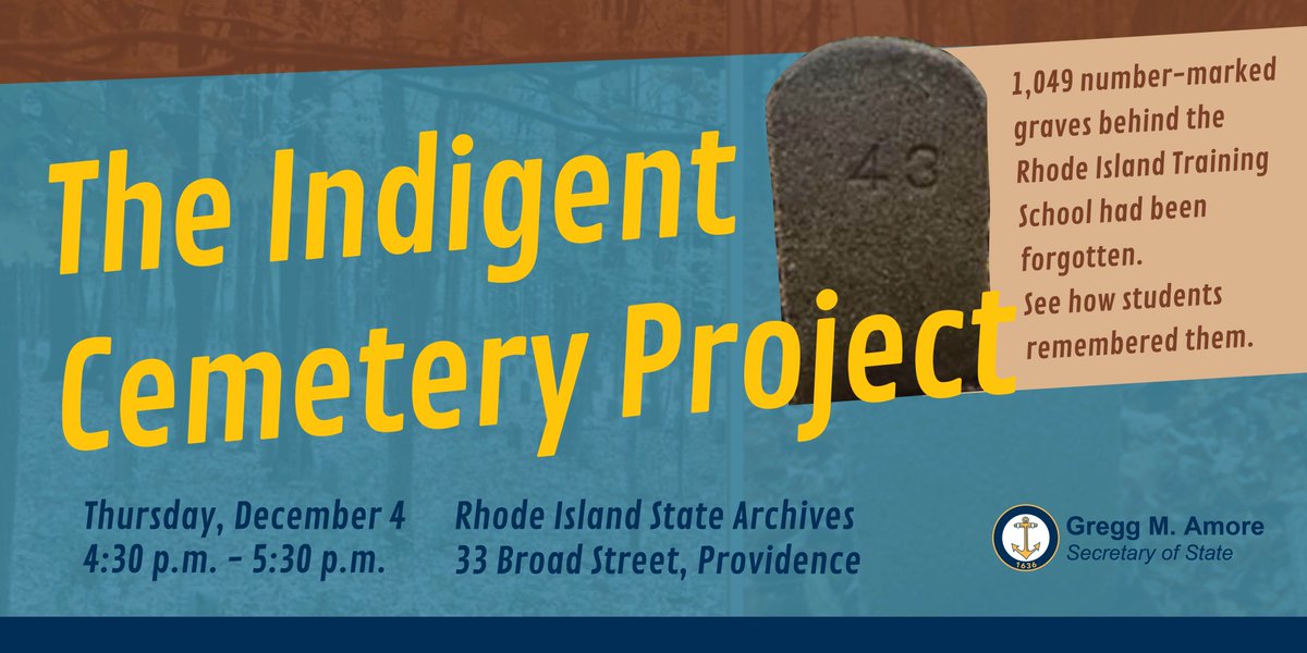 RISecState's tweet image. The Indigent Cemetery Project reflects on identity, belonging, and remembering. The State Archives is spotlighting the efforts made to restore the cemetery and tell the stories of the people buried there.

All are welcome, join us on Thursday, December 4: eventbrite.com/e/more-than-a-…