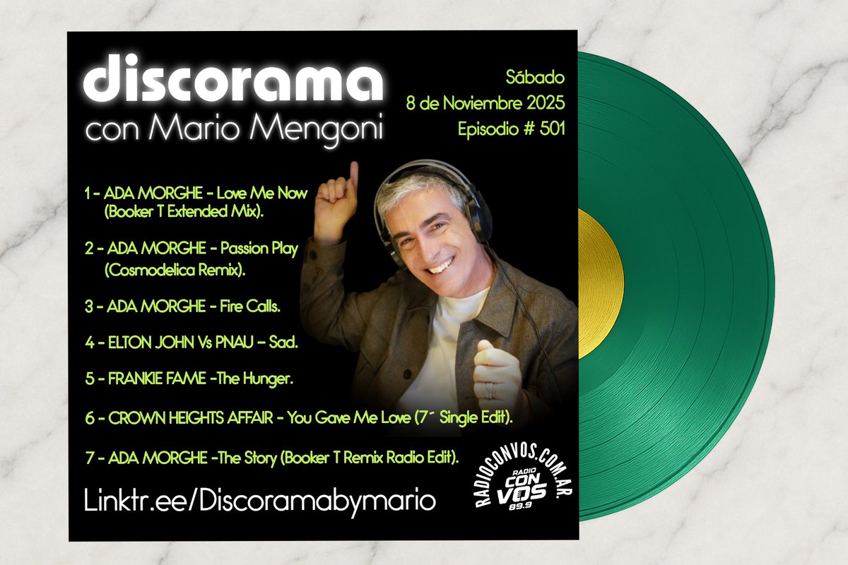 DISCORAMA - Episodio #501.  
Artista invitada: Ada Morghe.  
Links para escuchar:
Mixcloud: mixcloud.com/mario-mengoni/…
Spotify: open.spotify.com/episode/0bILH1…
Otras plataformas: linktr.ee/Discoramabymar…
Playlist:
🟢 ADA MORGHE – Love Me Now (Booker T Extended Mix).
🟢 ADA MORGHE – Passion
