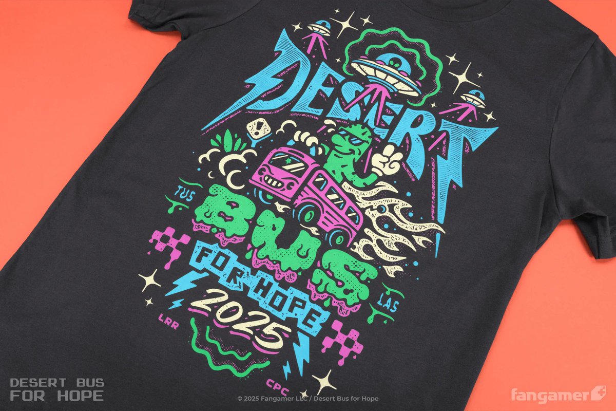 Fangamer's tweet photo. This year's Desert Bus for Hope event is almost here! 

If you'd like to donate early (and give the team a little more driving time), we're still shipping this year's shirt from our Tucson office to your door via Desert Trucks, Desert Planes, etc: https://t.co/kPqqxolDdd https://t.co/9vOOo03B1m