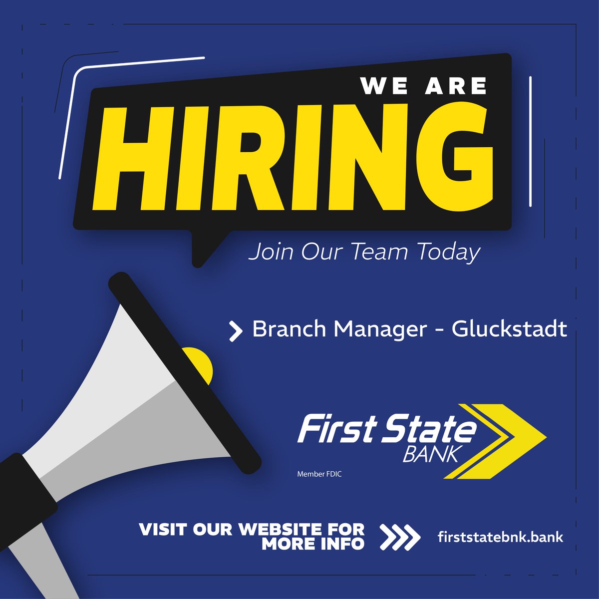 FirstStateBnk's tweet photo. FSB has a job opening for a Branch Manager in Gluckstadt. Visit our website for more info &amp; to apply: https://t.co/gaoSpQVqKg

EEO/AAP/F/M/Disabled/Veteran
#job #jobopportunity #FSB #GluckstadtMS #MadisonMS #FirstStateBank #MSBank #local https://t.co/ayqLLISexw