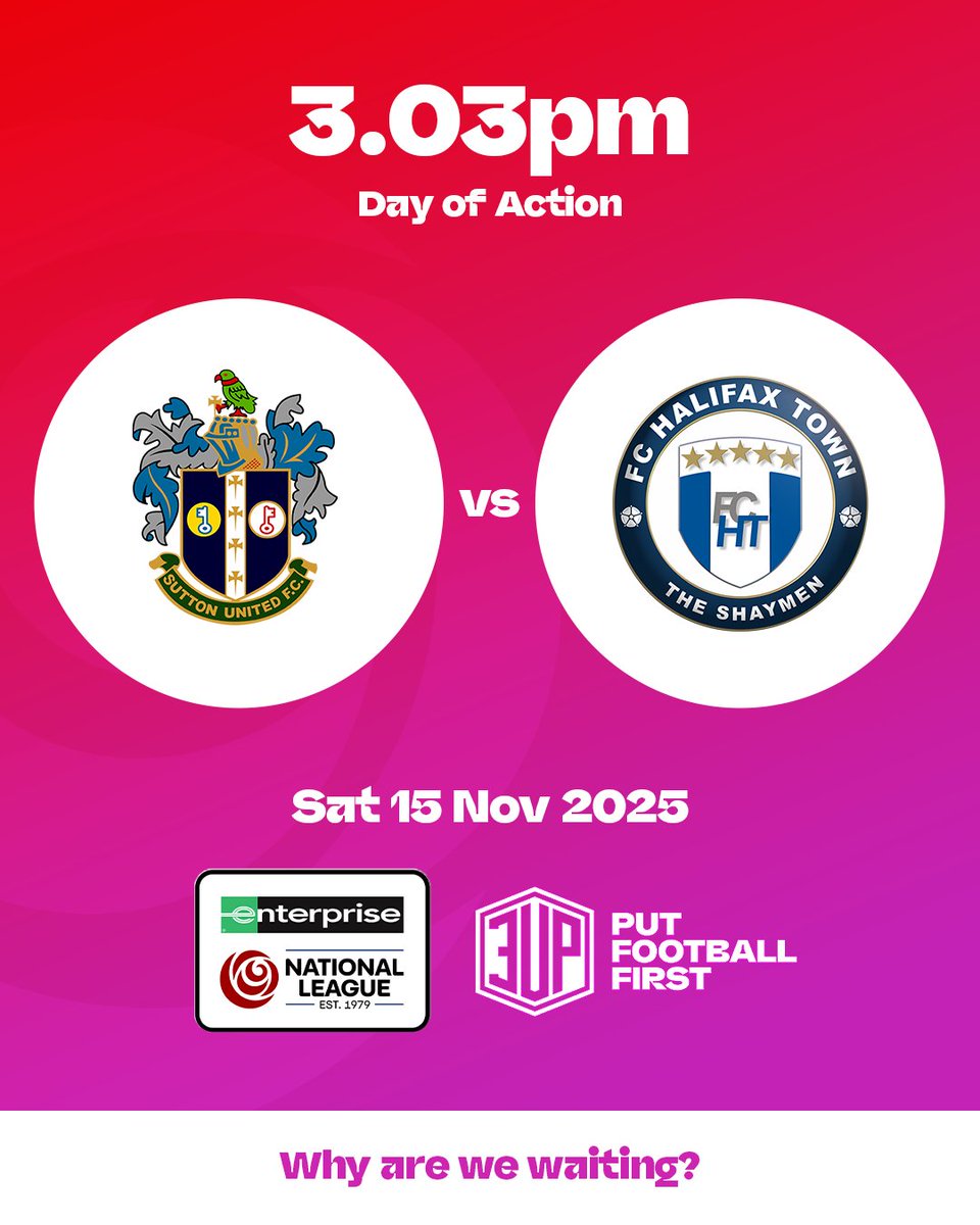 Why are we waiting? 🤷

Our fixture this Saturday will kick off at 3.03pm as part of the National League's #3UPDayofAction

Football should reward ambition… not limit it. Put football first and give us #3UP 👍

Tap the link and sign the petition 👇

🔗 change.org/VoteFor3UP