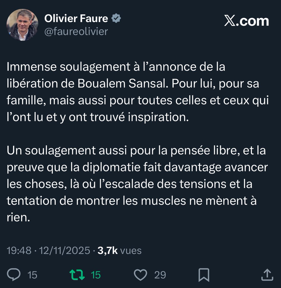Bonsoir <a href="/shalmani_abby/">Abnousse Shalmani</a> vous venez de laisser entendre qu’Olivier Faure n’avait jamais fait de tweet de soutien envers Boualem Sansal. Depuis le début de son arrestation sa position est sans équivoque.
Nous vous demandons de rectifier <a href="/ATrapenard/">Augustin Trapenard</a> <a href="/servicePresseF5/">France5servicepresse</a> <a href="/GrandeLibrairie/">La Grande Librairie</a>
