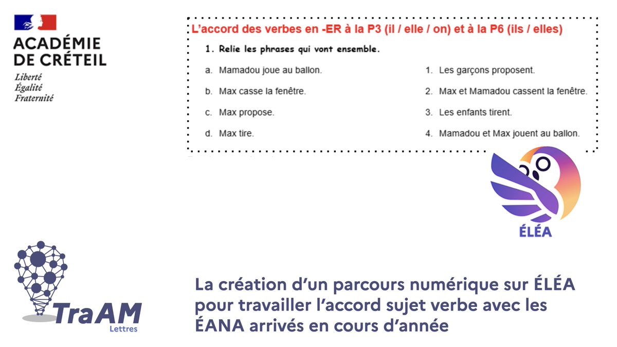 🧑‍💻 #TraAMLettres 2025 | Étude de la langue

🔷 « La création d’un parcours numérique sur ELEA pour travailler l’accord sujet verbe avec les EANA arrivés en cours d’année » : un scénario #TraAM <a href="/AcCreteil/">Académie de Créteil</a> 

👉 edubase.eduscol.education.fr/fiche/23678