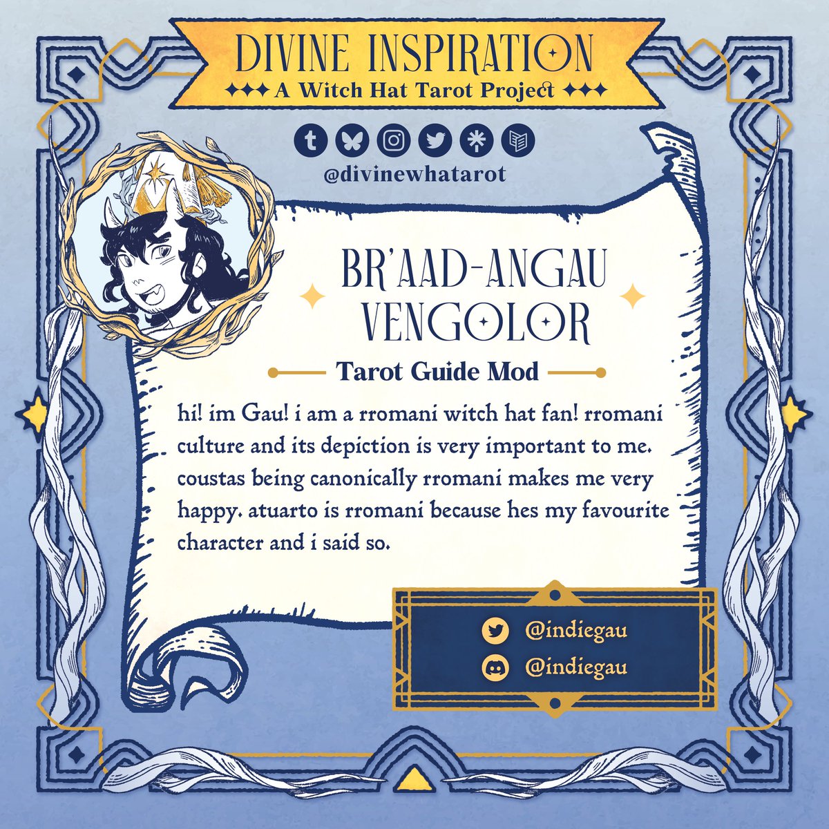 ✶⋆.˚ MOD INTROS ✶⋆.˚ 

Next up is our tarot guide consultant/mod, Gau, who will be helping us understand Romani culture and respectfully represent every tarot card's meaning(s)! #wha #Δ帽子