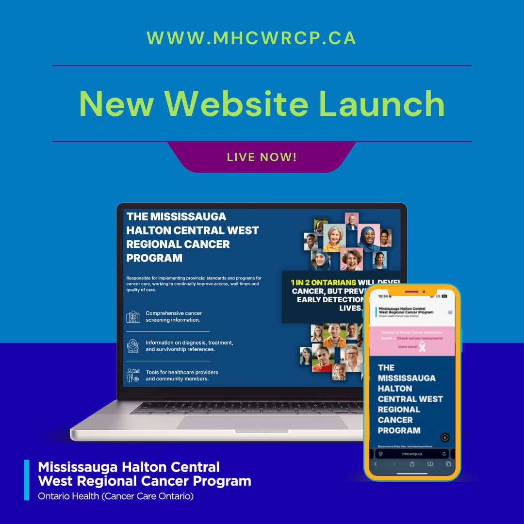 MHCW_Cancer's tweet photo. Earlier this year, we launched our new website! 

Find cancer screening info, care resources, and program updates for the Mississauga Halton Central West Region at https://t.co/m74zeYFZGl.

Together, we’re improving access to cancer care across the region.
#CancerCare #MHCWRCP https://t.co/mXA3KM6wpj