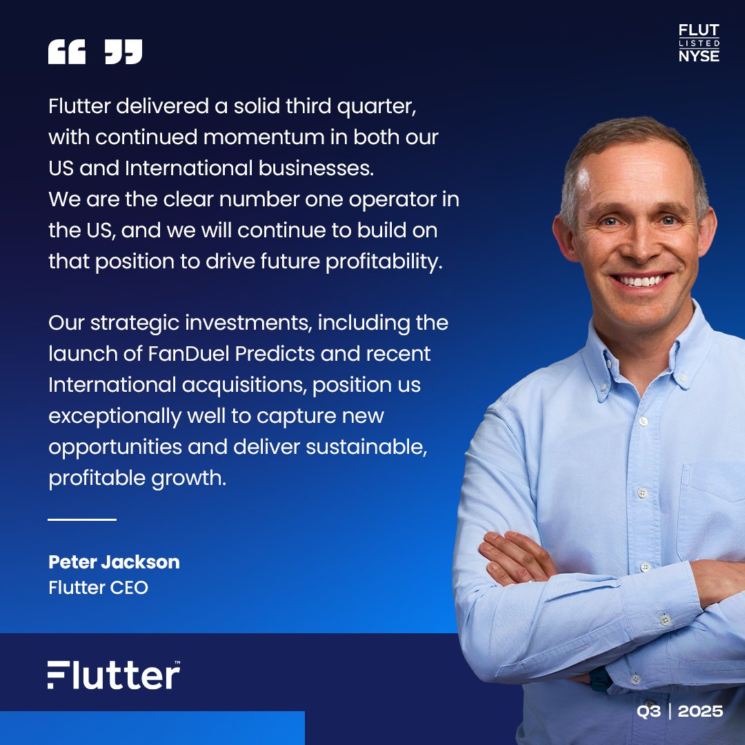 FlutterEnt's tweet image. We’re pleased to share our Q3 2025 Earnings, which show another solid quarter of growth across the Group and include the exciting announcement of our expansion into prediction markets through @FanDuel  Predicts.

Quarterly highlights include:

14.1M Average Monthly Players, +9%…