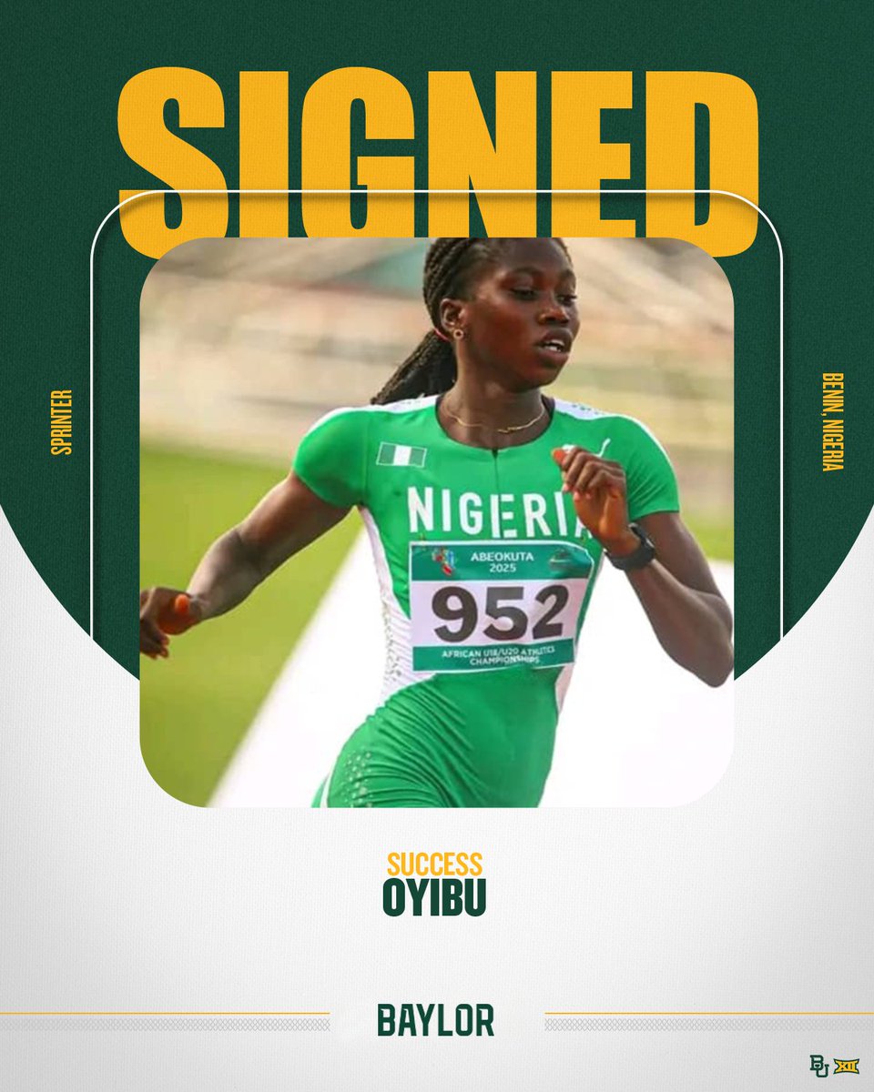 Welcome to Waco, Success Oyibu! ✍️

Oyibu comes to Baylor with a PR of 11.42 in the 100m and 23.56 in the 200m. She was the 200m champion and 100m silver medalist at the U18/U20 African Championships. 

#SicEm 🐻