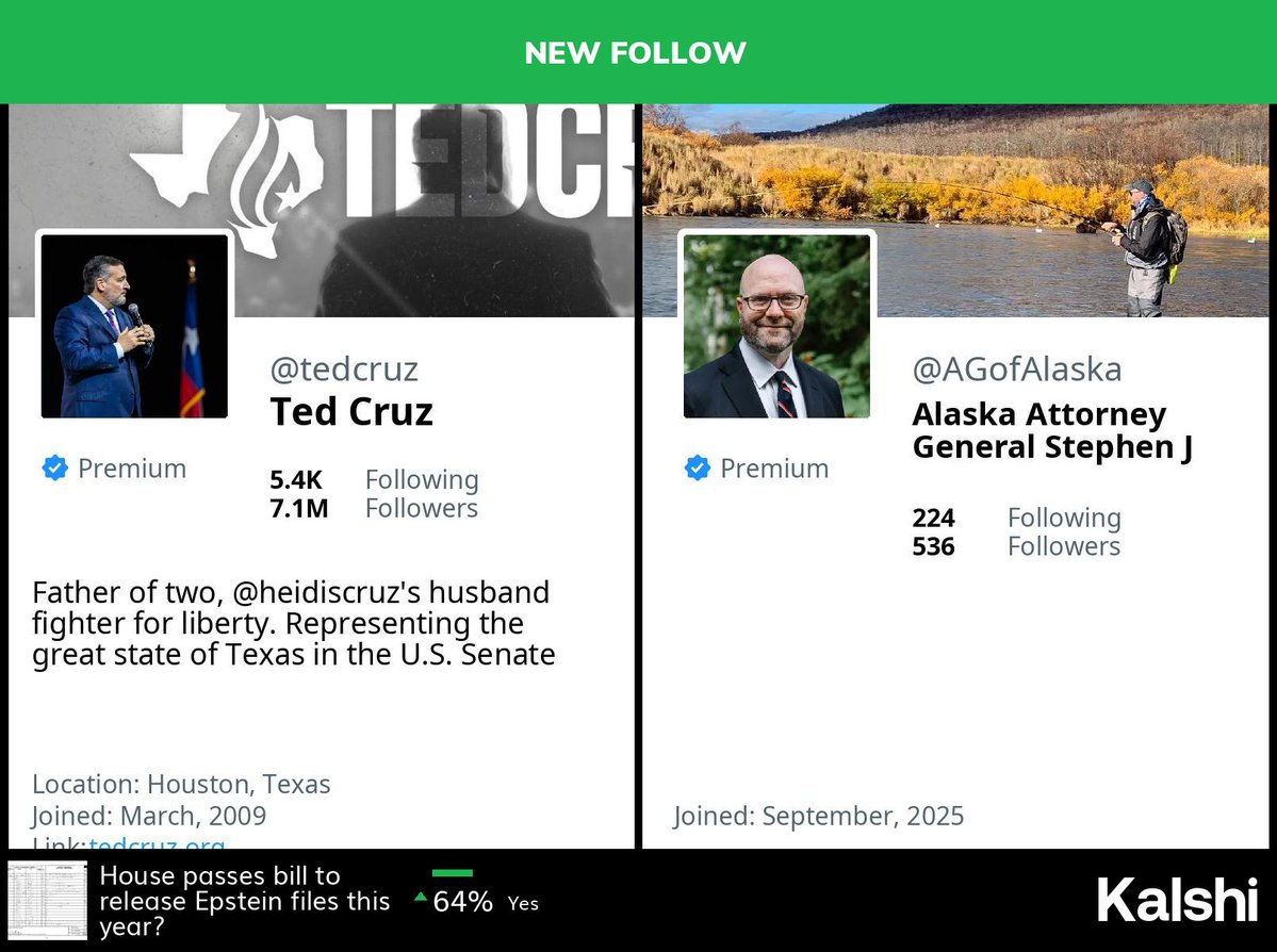 🆕 <a href="/tedcruz/">Ted Cruz</a> has started following <a href="/AGofAlaska/">Alaska Attorney General Stephen J Cox</a>