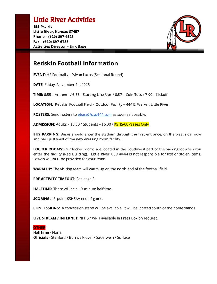 HS Football Sectional vs Sylvan Lucas Info
Friday, November 14th

Thank you to our Redskin Backerz, as they will pay admission for all 7-12th grade LR Students and Staff. 

#RollTribe