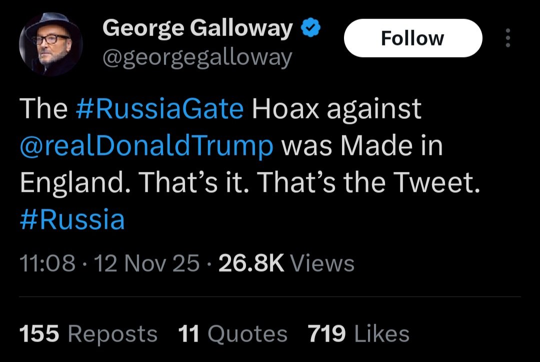 <a href="/georgegalloway/">George Galloway</a> is correct . The Russiagate hoax was created by British intelligence to stop President Trump's election.  There is always a cost to failure and being on the losing side as the BBC iare also now discovering.