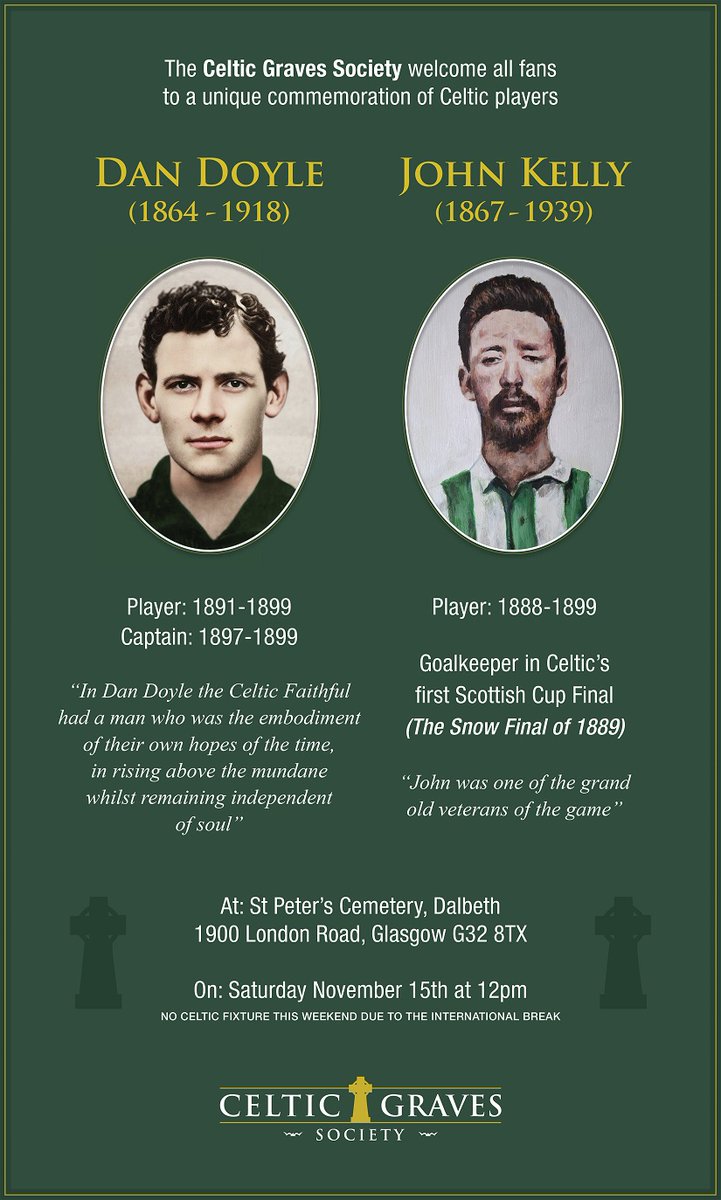 We're delighted to confirm that Jim Craig, Lisbon Lion and Celtic Graves Society patron will be in attendance at the Dan Doyle/John Kelly commemoration on Saturday.

All welcome and we hope to see you all there.