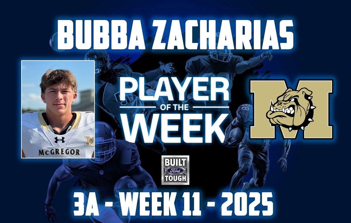 Really proud of our QB Bubba Zacharias!
Built Ford Tough - 3A Texas Player of the Week!!!
Thanks DCTF and Texas Ford Dealers for the recognition!
<a href="/BubbaZacharias/">Bubba_Zacharias</a> <a href="/dctf/">Dave Campbell's — TexasFootball.com</a> 
#MMP
#MakeMcGregorProud