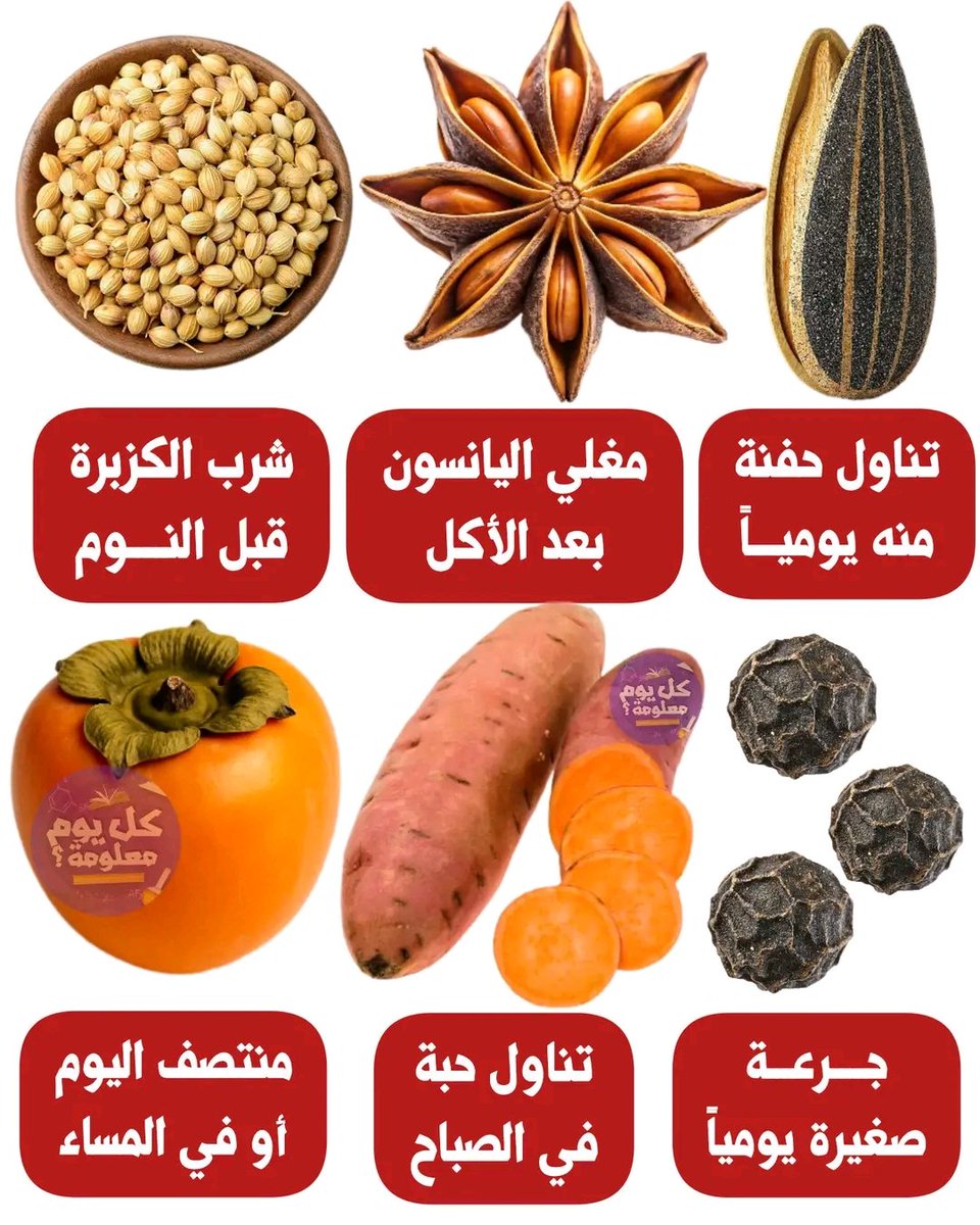 ✅️ بذور دوار الشمس (تناول حفنة يوميا) : حماية البروستاتا، تنظيم ضغط الدم
✅️ مغلي اليانسون بعد الأكل : مفيد للولادة والعملية إدرار اللبن، إخراج البلغم
✅️ شرب الكزبرة قبل النوم : لوقف نـ ـزيف الأنف، لعلاج قرح الفم والسعال