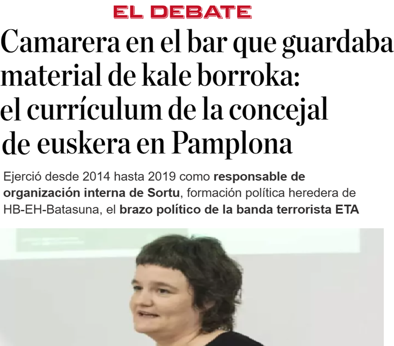 Una camarera bildutarra en un bar que guardaba material de kale borroka y sin ninguna formación educativa, puesta a dedo como concejal de Educación de Pamplona y dedicada a imponer el vascuence.

Pamplona, en manos de estos hombres de paz. Gentileza de Sánchez, no lo olvidemos.