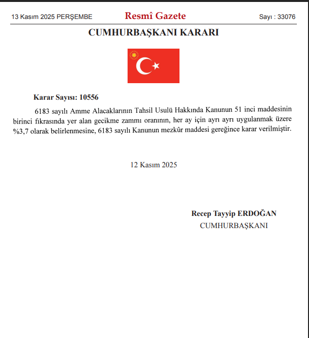 📢Şimdi yayımlanan Resmi Gazete'de yer alan 
1⃣10556 sayılı Cumhurbaşkanı Kararı ile Gecikme Zammı oranı aylık %4,5'ten %3,7'ye düşürüldü. 
👉Dolayısıyla "gecikme zammı oranı kadar uygulanır" denildiğinden 
📌Gecikme faizi,
📌Pişmanlık zammı,
📌İzah zammı 
oranları da %4,5'ten