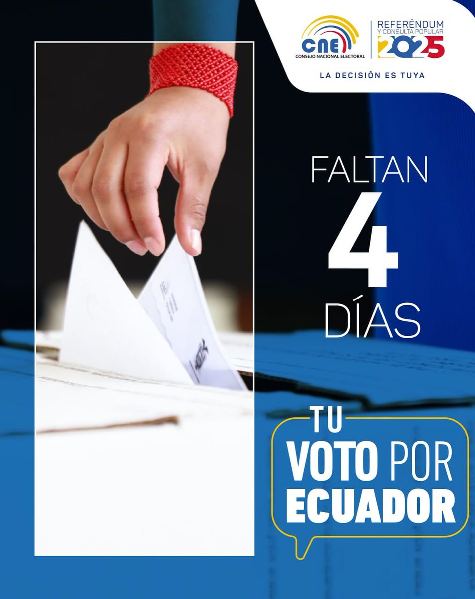 #ReferéndumYConsulta2025

🇪🇨 | Estamos a 4⃣ días de la jornada democrática 🗳️ del domingo 1⃣6⃣ de noviembre, revisa tu lugar de votación en:

💻 cne.gob.ec
📲 #CNEApp