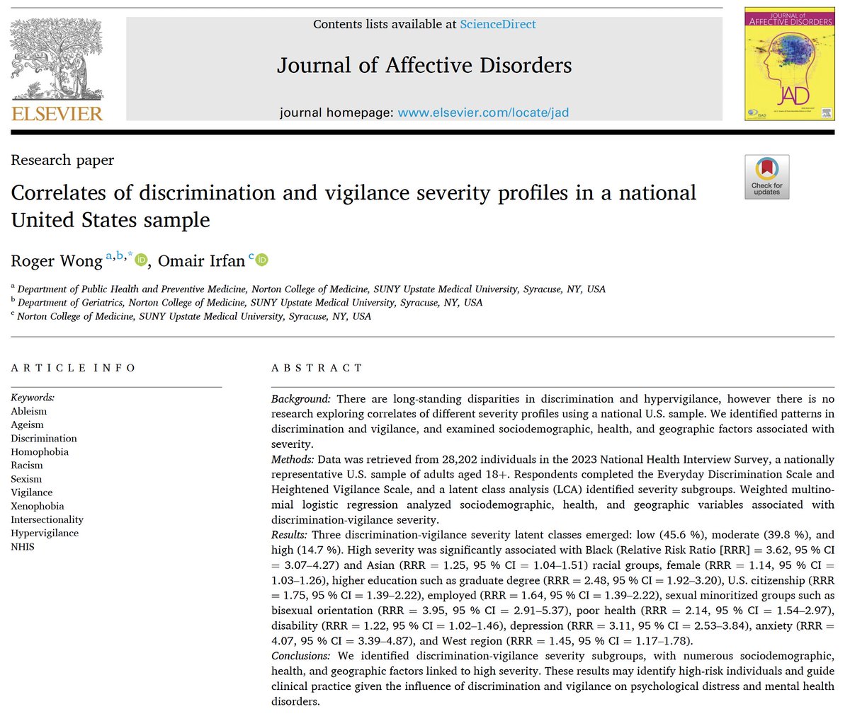 RogerWongPhD's tweet photo. In a national U.S. sample, we found 3 severity levels of #discrimination and #hypervigilance. MH disorders, racial minoritized groups, sexual minoritized groups, and West region were exposed to the highest severity. Full article is available for free: https://t.co/mZkkxN9Kq4 https://t.co/l2ncjrBP9X