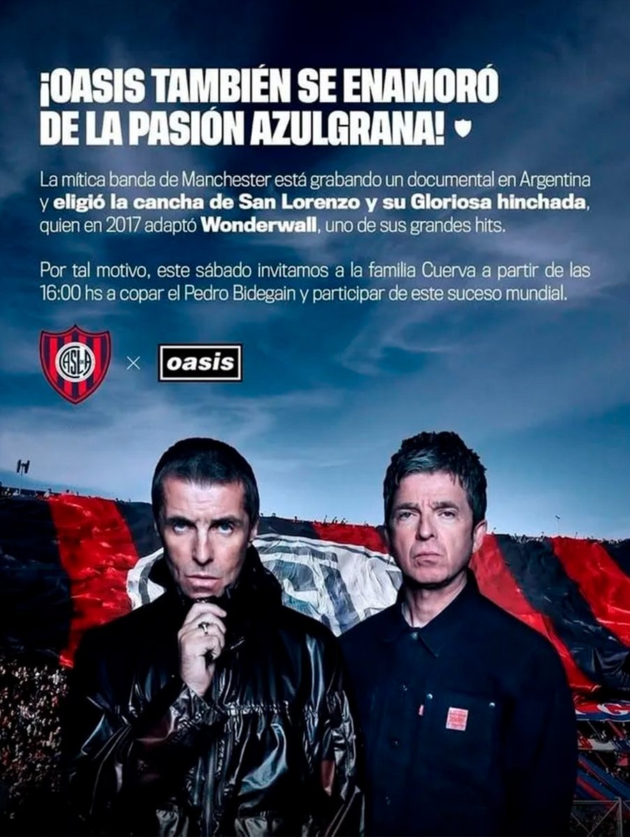 TyCSports's tweet image. 🔵🔴 Oasis dará dos esperados recitales en el estadio Monumental este fin de semana. Noel y Liam Gallagher, hermanos fundadores de la banda de origen inglesa, son muy fanáticos del fútbol, concretamente de Manchester City. En ese sentido, el grupo se encuentra filmando un…