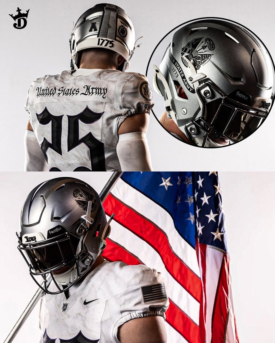 Army has unveiled their uniforms for the Army–Navy Game 🇺🇸

The “1775” uniforms honor 250 years of the United States Army. The helmet features a 1775 logo bumper, a nod to the establishment of the Continental Army, along with the U.S. Army seal as the logo.

Purple streaks are