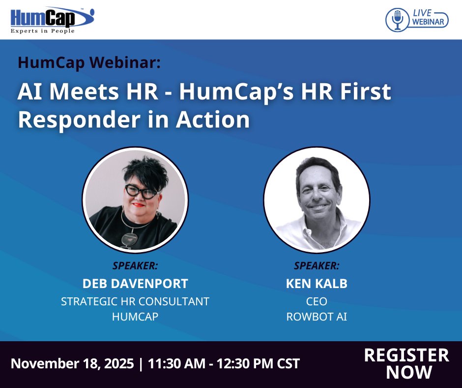 HumCapLP's tweet image. Imagine having instant HR support—24/7, in any language, tailored to your company’s policies. That’s exactly what HumCap’s HR First Responder, Harmony delivers. Join us for a live demo Nov. 18, you don&apos;t want to miss this. Register now: na2.hubs.ly/H021YmF0

#HR #AI