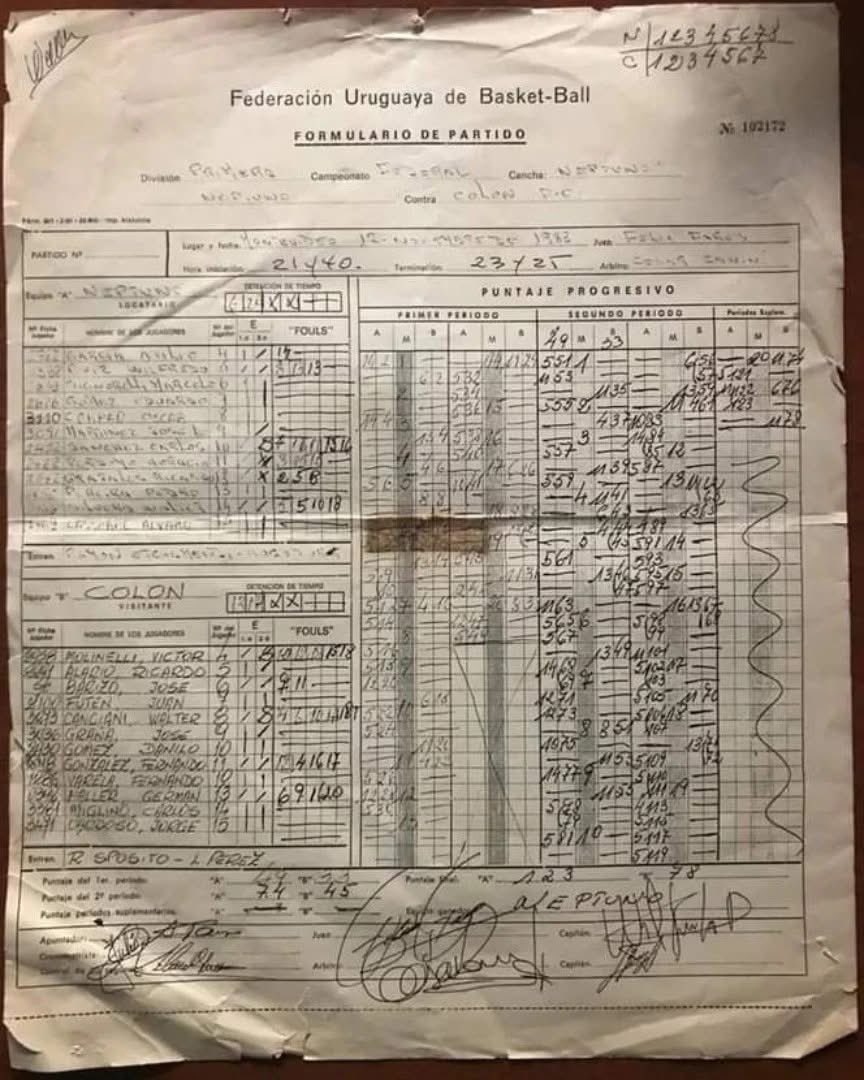 jptaborda74's tweet photo. Histórica planilla del partido entre #Neptuno y #Colon cuando Wilfredo #Fefo Ruíz marcó nada menos que 84 puntos. Hace 42 años atrás. 
Detalle, no existía el tiro de tres puntos. 

Quién habrá sido el planillero? Una bestialidad!

🏀🇺🇾#unavueltaporelpasado https://t.co/LqR1b5LU0n