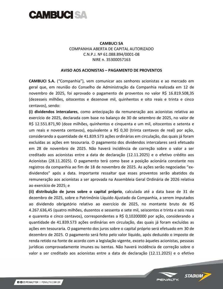 AvisosDaBolsa's tweet photo. CAMBUCI S.A. - Dividendos/Juros sobre Capital Próprio #CAMB3 #DIVIDENDO #JCP https://t.co/UpKRVcuHS0
