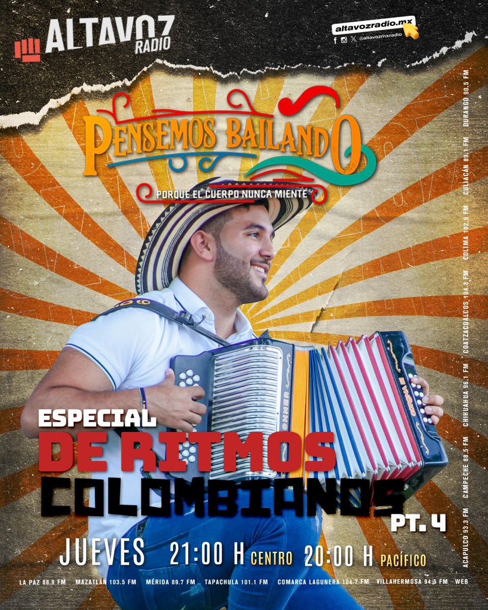 altavozmxradio's tweet image. 🎵 ESPECIAL DE RITMOS COLOMBIANOS PT.4 🇨🇴

👉En #PensemosBailando seguimos nuestro viaje musical por Colombia y hoy exploramos el #Pilón, un género lleno de ritmo, tradición y alegría que ha inspirado otros estilos igualmente emblemáticos. ✨

📻 Escúchalo en:
