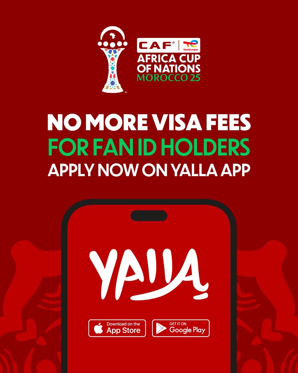 Got your Fan ID? Your E-Visa is now free! 🤩

Apply for your #TotalEnergiesAFCON2025 Fan ID now through Yalla App and get your E-Visa. 🌍