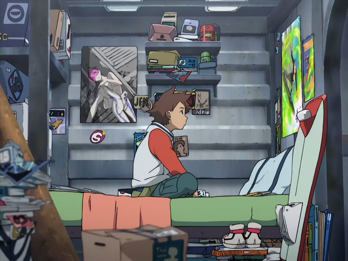 So much effort is put just into drawing Renton's room which is only in the 1st episode. The shots are great to establish him as a kind of reckless and wild 90s/early 00s skater kid. The multiple illustrations and graphics in each frame are immediately immersive and relatable.