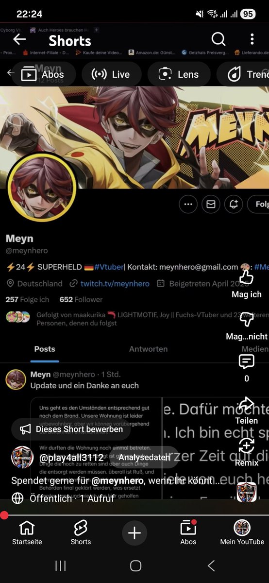 Spendet gerne für <a href="/meynhero/">Meyn</a> wenn ihr könnt ❤️. Ich hab zwar ein Video für ein Spendenaufruf bei Youtube hochgeladen aber da ich nur ein kleiner Youtuber bin weiß ich nicht, Ob es was bringt aber ich dachte mir, dass es wenigstens ne kleine Hilfe sein kann 😊