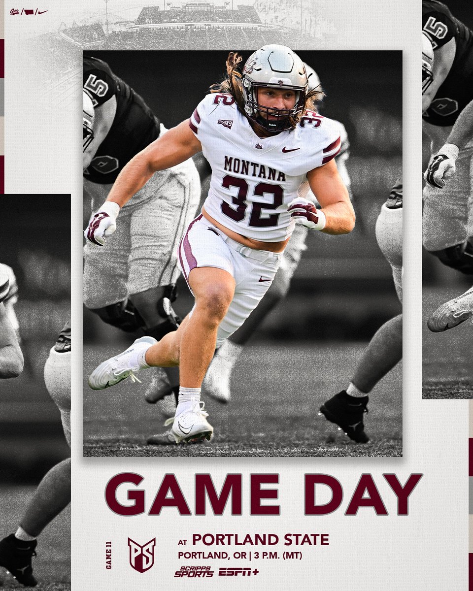 𝙂𝘼𝙈𝙀 𝘿𝘼𝙔

🕗 3 p.m.  (MT)
📍 Portland, OR
📺 Scripps
➡️ bit.ly/3tbEe3H
💻 bit.ly/3VApMdU
📊 bit.ly/gogrizstats

#GoGriz #BigSkyFootball