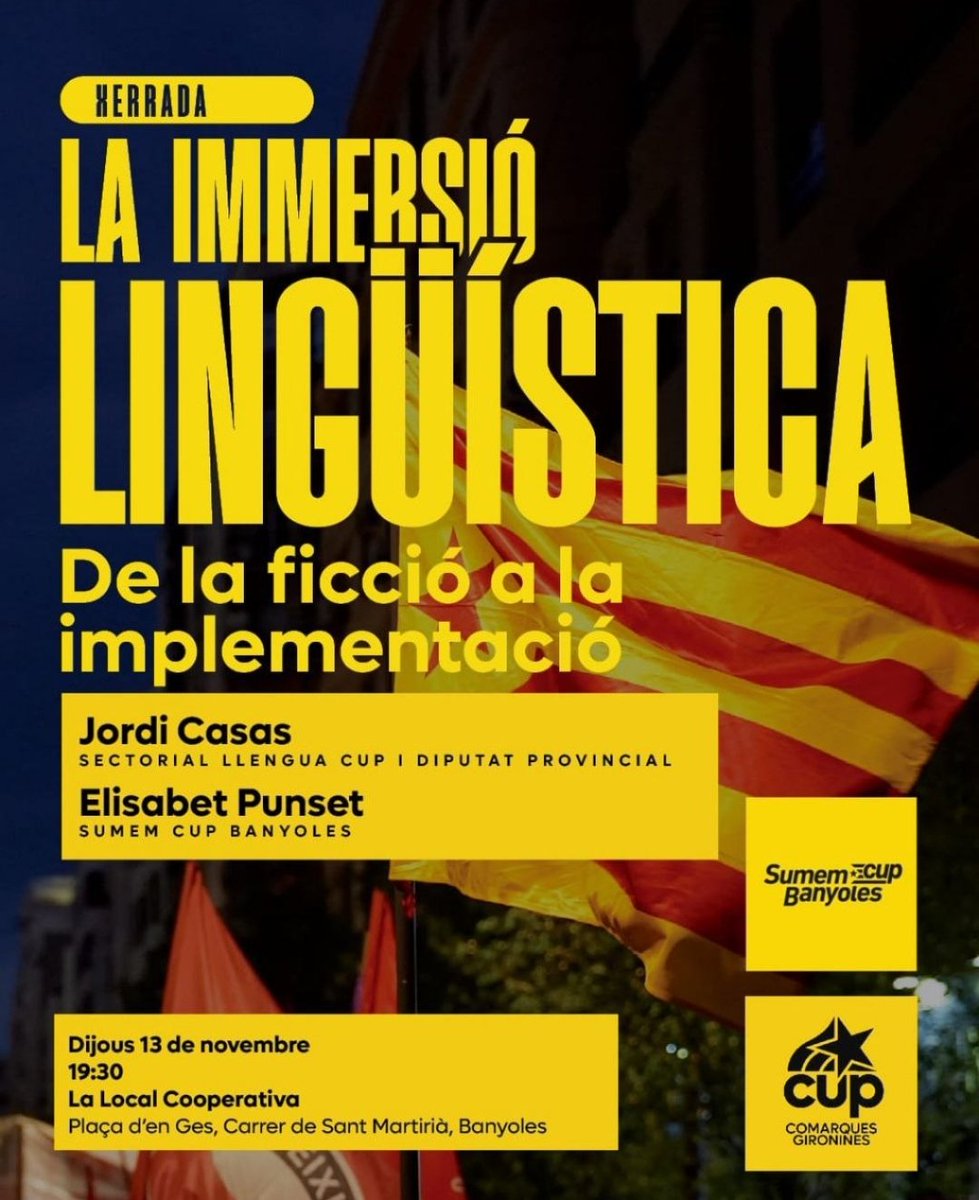 Demà parlarem de com implementar la immersió lingüística real amb en Jordi Casas i l'Elisabet Punset.
A les 19.30h a La Local Cooperativa a #Banyoles
Us hi esperem!