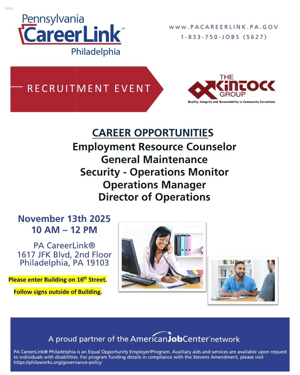Join PA CareerLink® Philadelphia &amp; The Kintock Group for a Recruitment Event!

📅 Nov 13, 2025 | 🕙 10 AM–12 PM
📍 1617 JFK Blvd (enter on 16th St)

Now hiring: Employment Resource Counselor, Maintenance, Security, Operations Manager &amp; Director of Operations.

#PhiladelphiaJobs