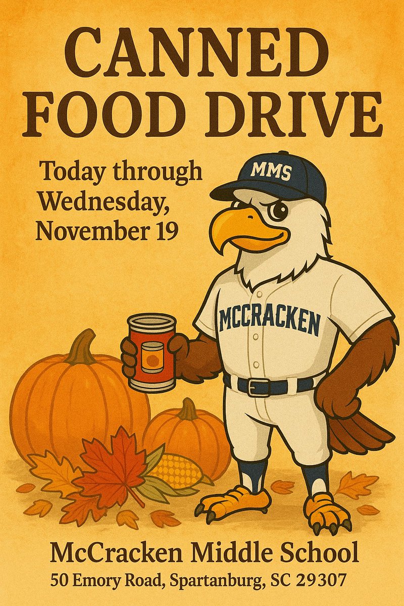 therealcutiger's tweet photo. Spartanburg community, we need your help! McCracken Middle School will distribute Thanksgiving dinner bags on November 22. We need your help to fill them. Please drop off a donation of canned goods or reach out to me and I will come pick them up. 
#Spartanburg #MMS https://t.co/yAisgmkjG6