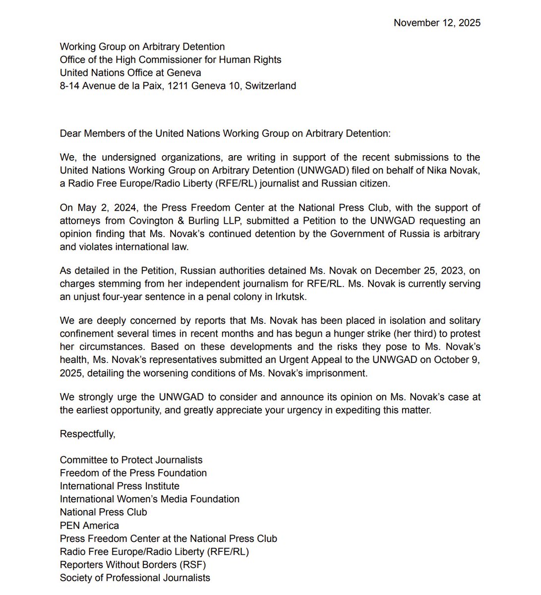 PFC_NPC's tweet image. Today, the Press Freedom Center was proud to sign onto a letter calling on the UN Working Group on Arbitrary Detention to issue its opinion on the case of Nika Novak, a wrongfully detained journalist in Siberia.