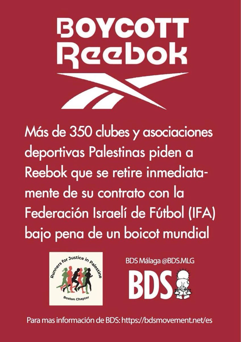 📣REEBOK SE ENFRENTA A UNA POSIBLE REACCIÓN GLOBAL DESPUÉS DE CONVERTIRSE EN PATROCINADOR DE LA ASOCIACIÓN DE FÚTBOL DE ISRAEL  a pesar de su complicidad bien documentada en los crímenes de Israel contra el pueblo palestino.

El 22/11 Súmate la campaña de BOICOT Global a <a href="/Reebok/">Reebok</a>