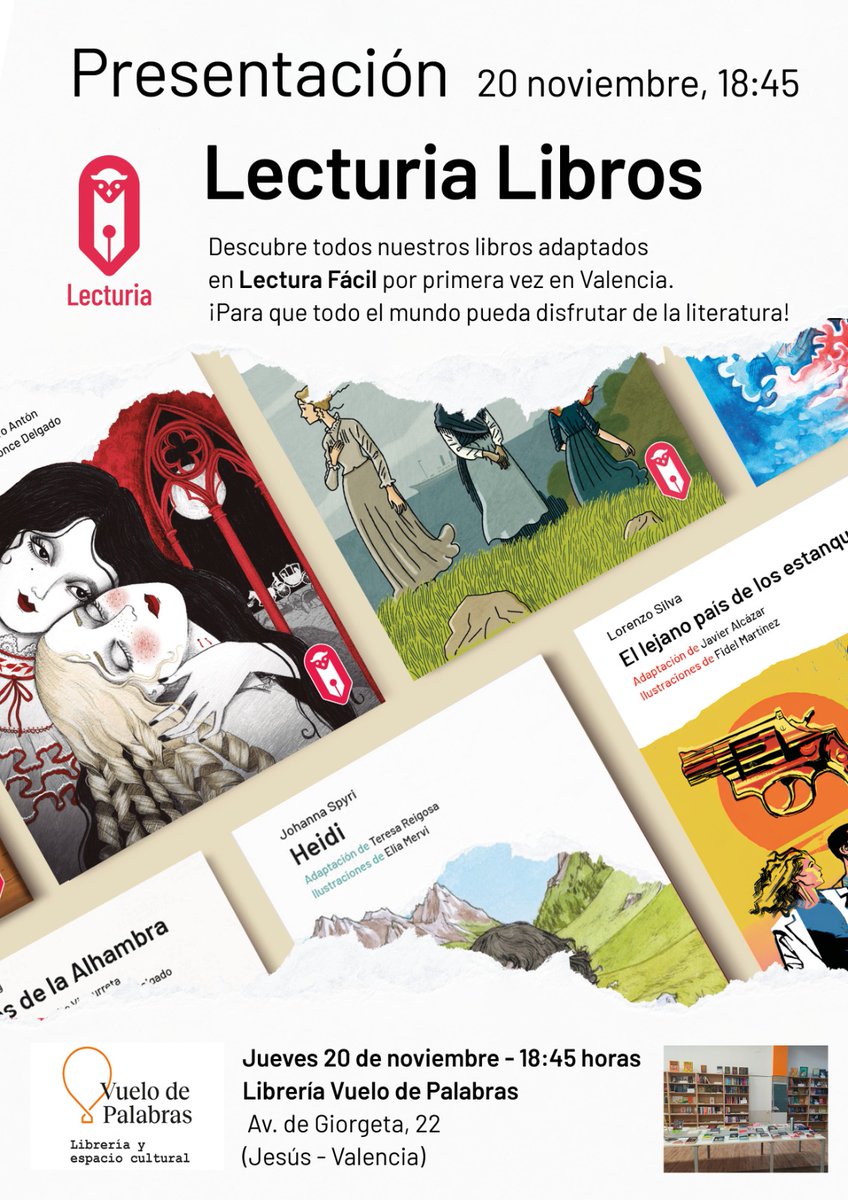 ¡El día 20 de noviembre estaremos en #Valencia !
Para todos los interesados en la #Lecturafácil 
(personas con dificultades de comprensión, profes y profesionales), venid a conocer nuestro proyecto editorial en la librería "Vuelo de Palabras" #literaturaaccesible