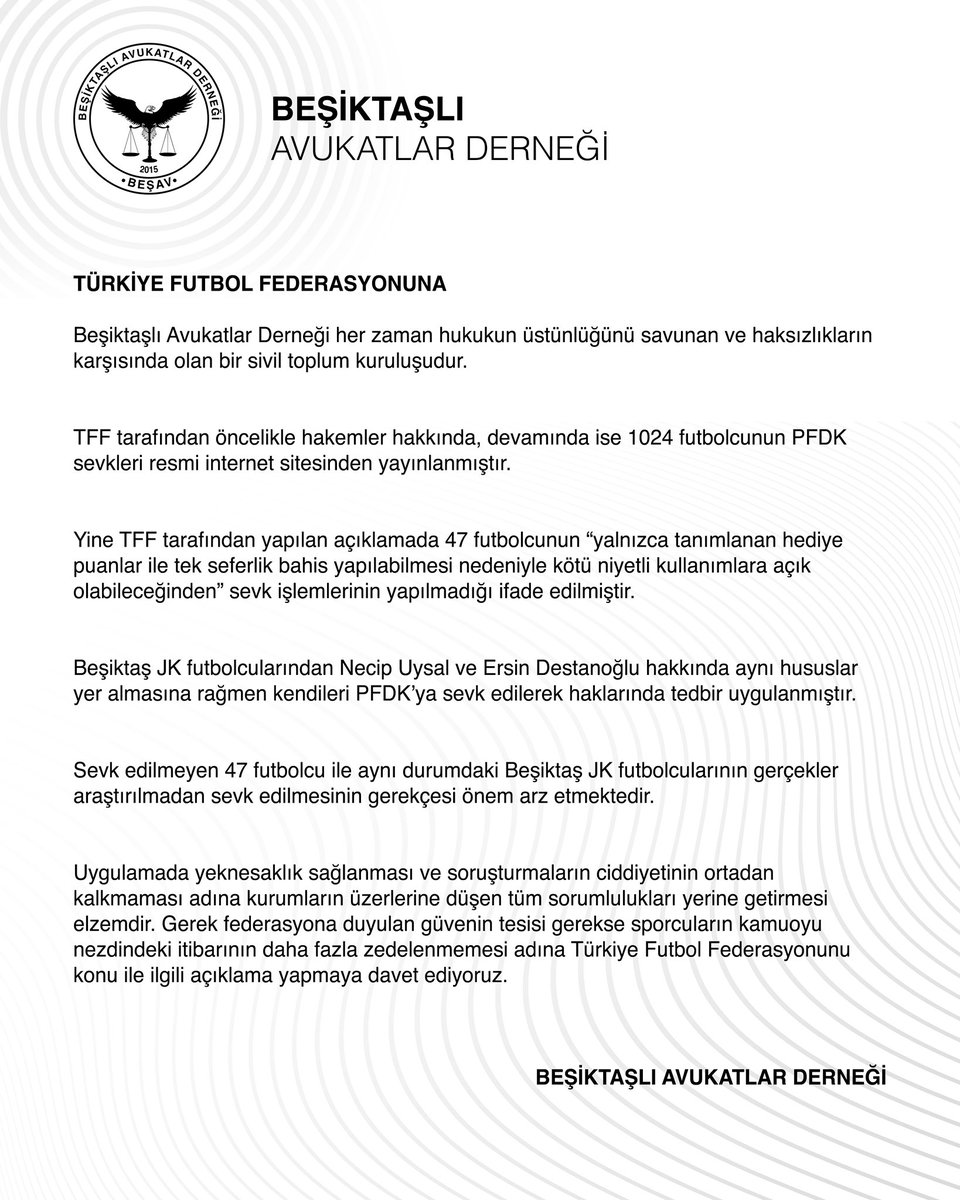 TÜRKİYE FUTBOL FEDERASYONUNA 

Uygulamada yeknesaklık sağlanması ve soruşturmaların ciddiyetinin ortadan kalkmaması adına Türkiye Futbol Federasyonunu konu ile ilgili açıklama yapmaya davet ediyoruz. <a href="/TFF_Org/">TFF</a>