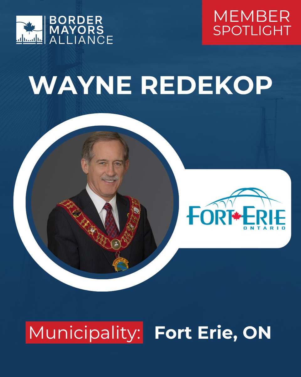 📢 Meet Wayne Redekop from Fort Erie, Ontario 🍁

Just across the Peace Bridge, Fort Erie neighbors Buffalo, New York Mayor Redekop is committed to leveraging these connections to ensure Fort Erie remains a prosperous and resilient border community.

#StrongerTogether