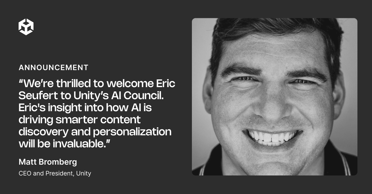 unity's tweet image. Industry veteran and @MobileDevMemo founder @eric_seufert joins Jia Li and @togelius on Unity’s AI Council to accelerate AI product innovation across our company.

#Unity #AI #Innovation #Gaming