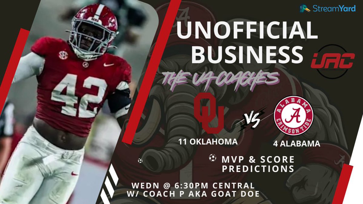 CoachDee_UAC's tweet photo. Join @TheUACoaches tonight, 6:30 Pm Central, as we discuss #11 Oklahoma vs The #4 Alabama Crimson Tide. Join the conversation, ROLLETH!!!

https://t.co/qo9AYSsVNt https://t.co/LPywmXMvP7